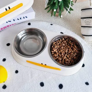 Doble cuenco moderno de acero inoxidable para perros y gatos con diseño de pato