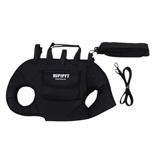 Full view of the black pet carrier harness showing lifting handles and auxiliary straps