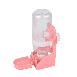Pink automatic pet water dispenser for cats and dogs, cage-mounted design with clear bottle