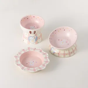 Ciotola per Animali Domestici in Ceramica Rosa Serie Coniglio Piano Ciotola Rialzata per Gatti e Cani Anti-ribaltamento