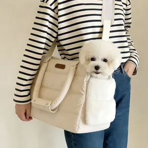 Premium large capacity quilted puffer pet carrier bag for small dogs and cats in cream