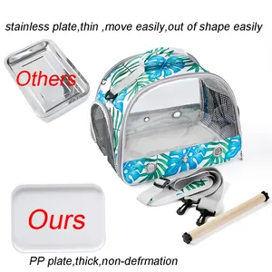 Portable bird carrier bag with tropical leaf print, thick PP bottom plate and wood perch