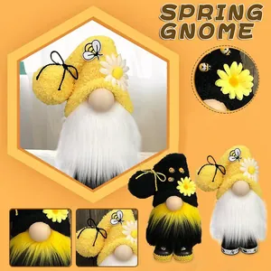 Plush bumble bee spring gnomes with sunflower daisy decorations for tiered tray decor