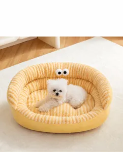 Cozy yellow plush pet bed with cartoon eyes in a warm home setting, ideal for small dogs.