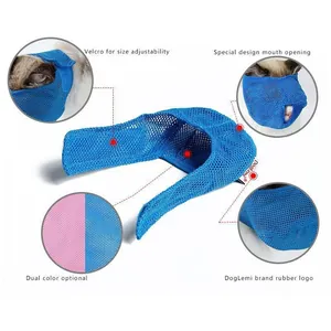 Detailed product features of breathable blue mesh cat muzzle with adjustable velcro strap