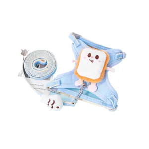 Cute cartoon toast plush dog harness and leash set for small dogs in pastel light blue