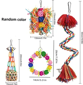 Set of four colorful bird chewing toys with ropes, rattan balls, and bells for parrots