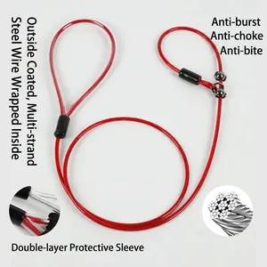 Heavy duty red steel wire integrated P-chain dog leash with chew-proof reinforced cable