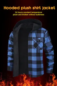 Macro view of blue checkered hooded shirt jacket with thick black plush lining