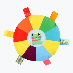 Colorful plush squeaky dog frisbee toy featuring rainbow segments and textured tags