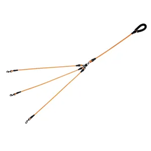 Detail view of reflective orange nylon triple dog leash with sturdy metal clips.