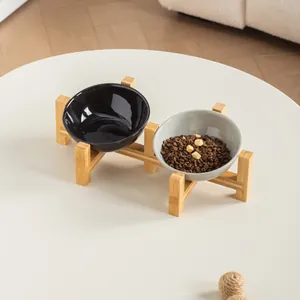 Premium elevated double ceramic pet bowl set with bamboo stand for cats and dogs