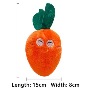 Detail view of plush carrot pet toy showing 15cm length and 8cm width dimensions