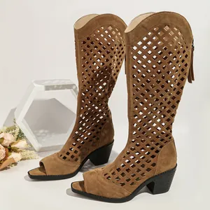 Vintage brown hollow-out peep toe tall boots with mid block heel and back zipper