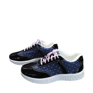 Harajuku-stijl polka dot denim canvas schoenen met roze veters en witte plateauzolen voor dames