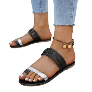 Summer stylish women's toe-ring flat sandals with geometric cutouts in black and silver