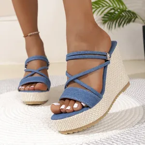 Detail view of blue denim cross-strap platform wedge sandals with woven espadrille heel.