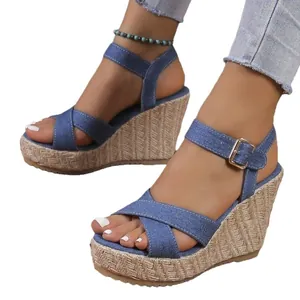 Stylish summer blue denim platform wedge sandals featuring cross straps and ankle buckle