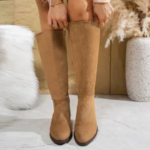 Braune Kniehohe Wildlederstiefel für Damen mit Reißverschluss und Blockabsatz