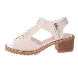 Elegant cream-colored block heel open-toe sandals with side zipper and braided details