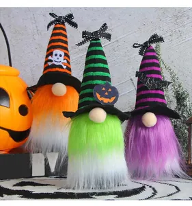 Three colorful Halloween gnomes with striped wizard hats and decorative spooky motifs