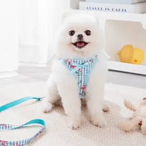Pettorina per cani piccoli con ali d'angelo e guinzaglio, gilet a quadri blu fiori