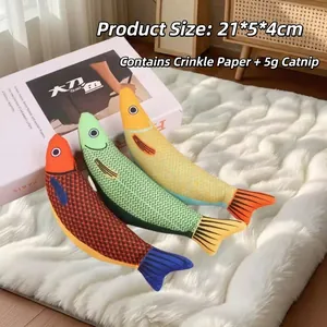 Three colorful interactive catnip fish toys with crinkle paper, 21x5x4cm size for kittens
