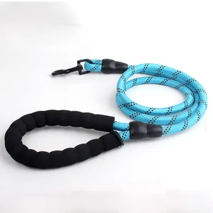 Close-up detail of reflective dog leash with comfortable foam handle and sturdy clip