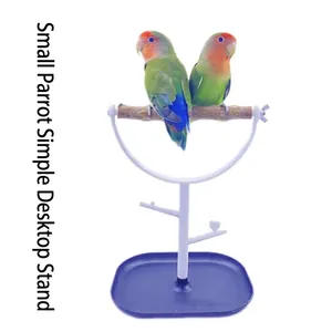 Portable desktop bird perch stand with natural wood branch and blue base for small parrots