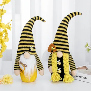 Bee Day Gnome Plush Decorations Handmade Knitted Faceless Doll Yellow Black Striped Honey Bee Gnomes Home Decor Ornaments