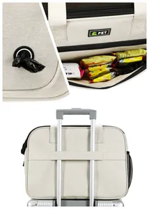 Close-up details of pet carrier showing waste bag dispenser and luggage strap attachment