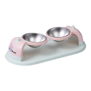 Erhöhtes Futternapf-Set aus Edelstahl für Haustiere mit rosa Ständer und Tablett