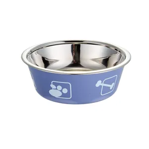 Durable blue stainless steel pet bowl featuring white bone and paw print pattern for dogs
