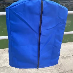 Detailed view of a waterproof blue birdcage cover featuring a central zipper design.