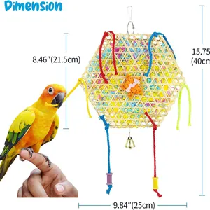 Hexagonal bamboo parrot foraging toy with colorful shredded paper and metal bell dimensions