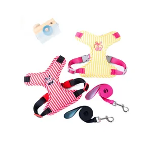 Adjustable striped dog harness and leash set with cute cherry embroidery for small dogs.