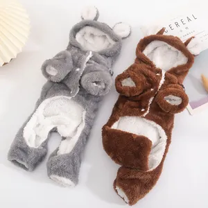 Gemütliche Hunde-Fleece-Overalls mit Bärenohren für kleine Hunde in Grau und Braun.