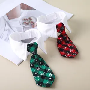 Elegant pet formal shirt collar set with red and green plaid snowflake patterned ties