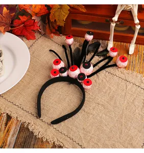 Detail view of a Halloween headband featuring scary red bloodshot eyeball decorations
