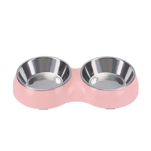 Durable pink double pet feeder with removable stainless steel bowls for cats and dogs