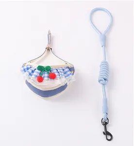 Cute blue gingham pet harness and leash set with cherry and lace details for cats and dogs
