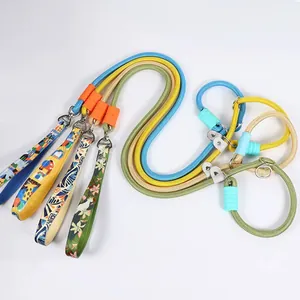 Detailed view of various colorful and patterned P-chain training leashes for large dogs