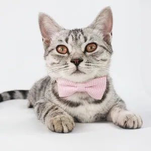 Adjustable pink gingham bow tie collar for cats and small dogs on a white background