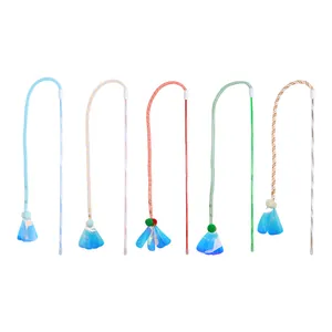 Set of 5 colorful flexible nylon tube cat teaser wands with holographic blue tassels and bells