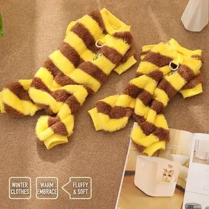 Furry winter bee-themed plush dog jumpsuit with leash D-ring for small breeds like Teddy