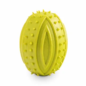 Dimensions of green TPR spiked football dog molar toy, 9cm by 6.5cm size detail.