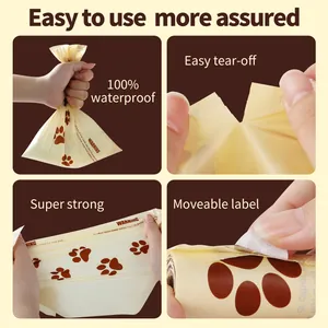 Strong pet waste bags features: waterproof, easy tear-off, and durable material detail.