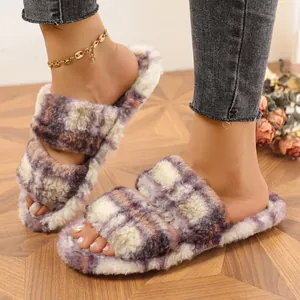 Zapatillas de peluche a cuadros morados con doble correa para el hogar