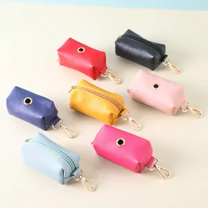Colorful portable PU leather dog poop bag holders with gold metal carabiner clips