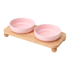 Double gamelle surélevée en céramique pour animaux avec support en bois de chêne rose
